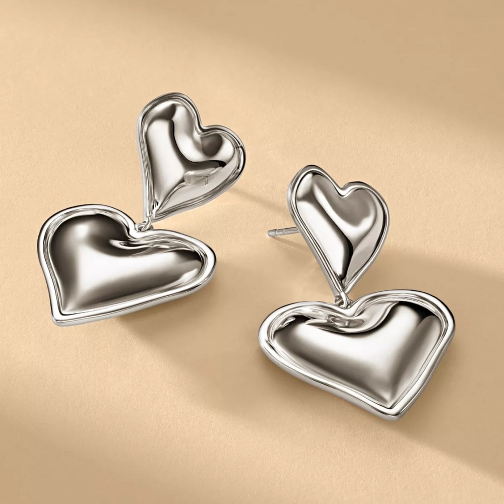 Aureum Collective Silver Marie Double Heart Love Drop Dangle Earrings $325 $$